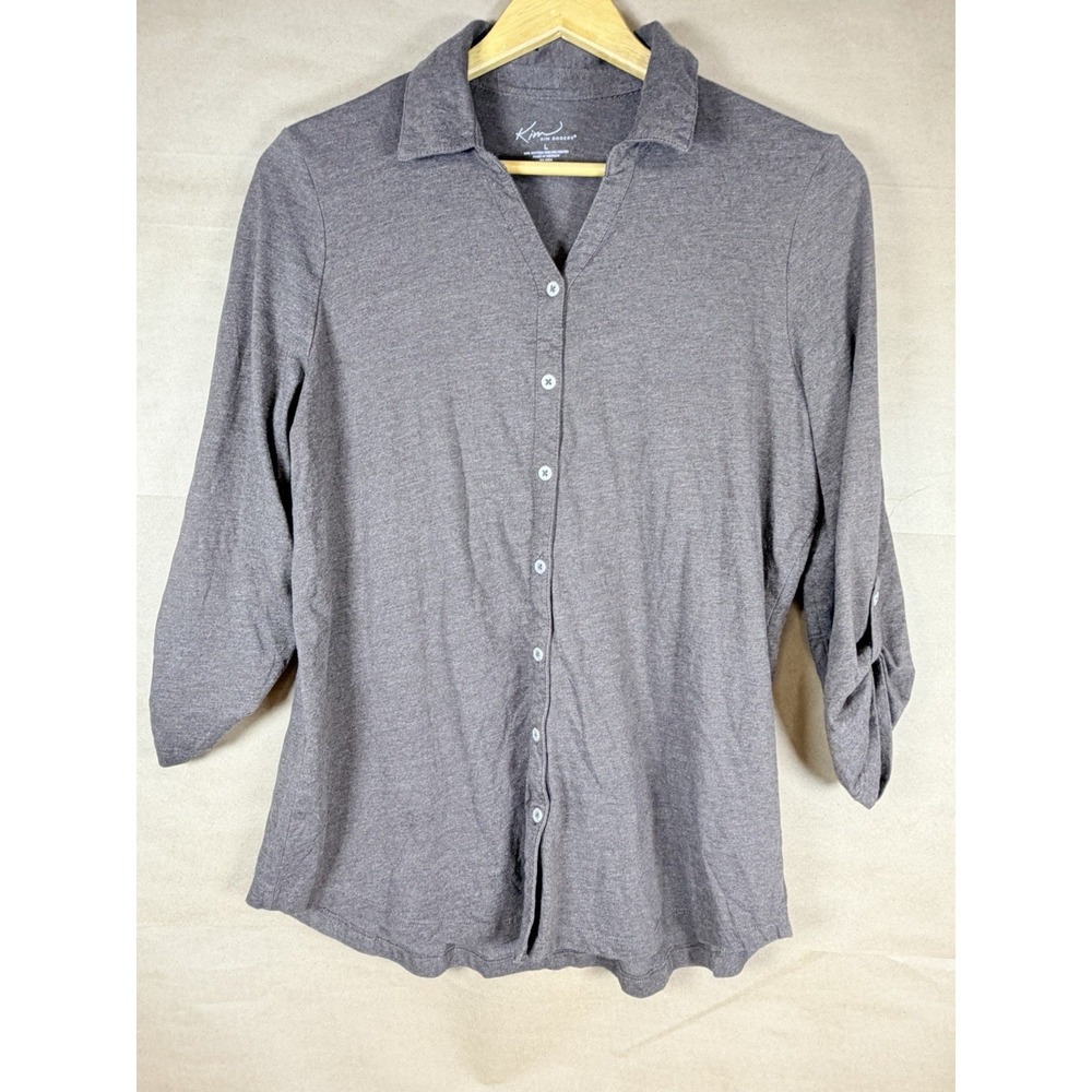 Kim Rogers Womens L Gray Button Front Knit Shirt Roll Tab Sleeve Cotton Blend